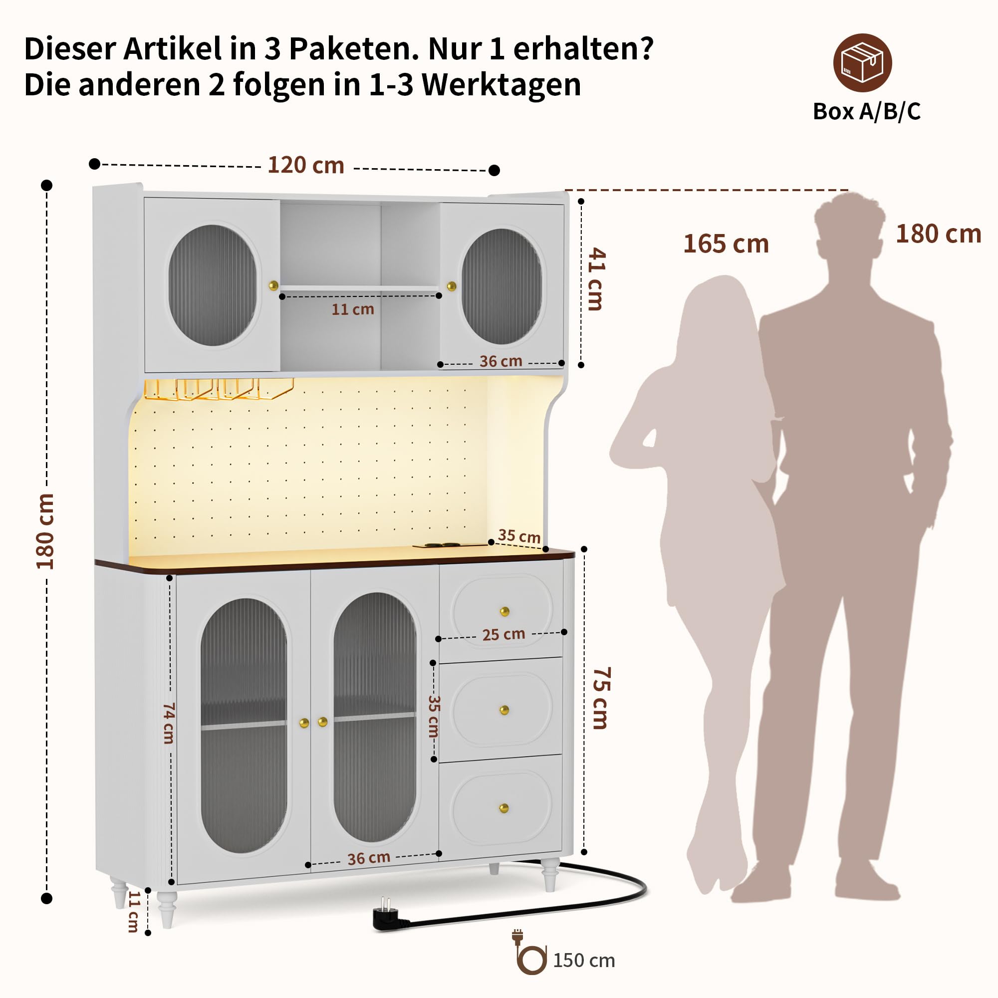 BonVache Küchenschrank, Kommode Küche mit Steckdosen und Led-Lichtleisten, Hochschrank Küchenbuffet, Sideboard, 2 Offene Fächer 3 Schubladen, Esszimmerschrank für Wohnzimmer Küche,120x41x180cm,Weiß