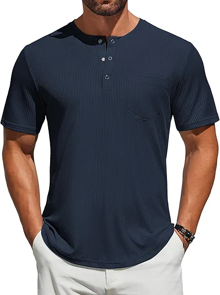 COOFANDY Mens Henley Shirts Short Sleeve Tshirt Basic Button Tees Summer Ribbed Pocket T Shirt Casual Stretch Tops