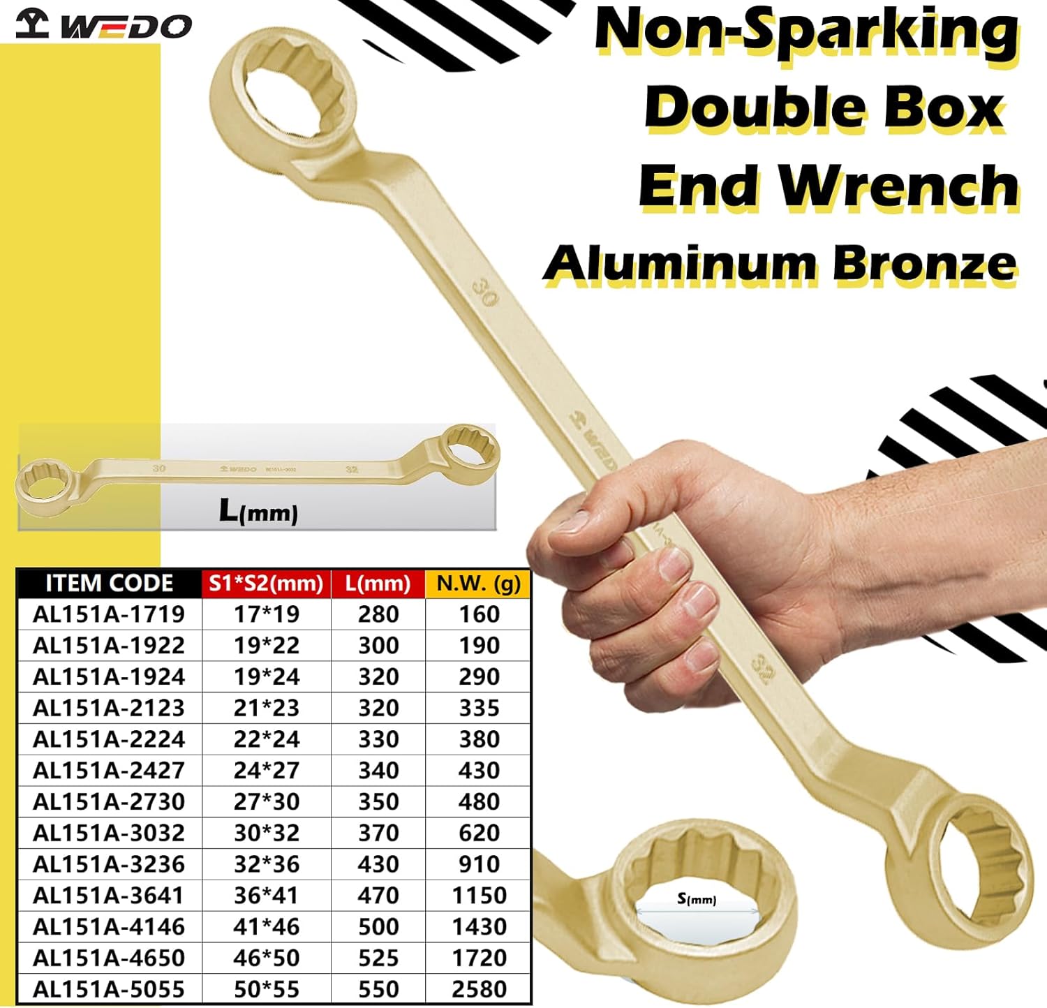 WEDO Non-Sparking Offset Double Box End Spanner 75 Degree, Offset Box End Wrench,Spark-free Safety Wrench,Size 30 * 32mm/1.18”* 1.26”,Aluminum Bronze,DIN Standard, BAM & FM Certificate