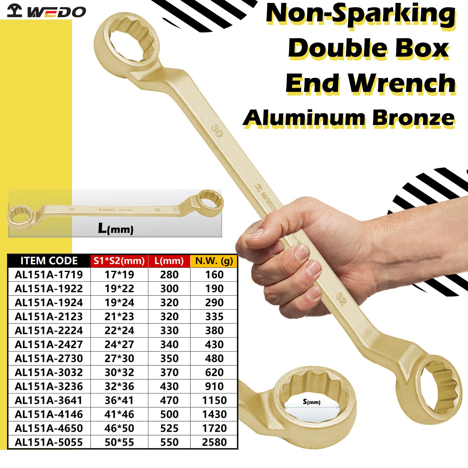 WEDO Llave Fija de Seguridad sin Chispas de Doble Extremo de Caja de 75 Grados, Bronce de Aluminio, Estándar DIN, Certificado BAM y FM, 19 x 24 mm de Ancho