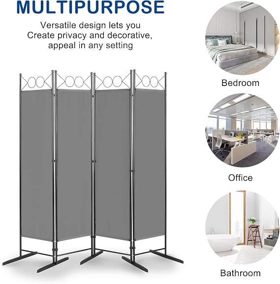 4 Panel Room Divider, 5.74FT Room Dividers Free Standing, Portable Folding Privacy Screen Wall Room Partition Separator for Living Room, Bedroom, Dining Room, Office, Restaurant, Hospital (Grey)