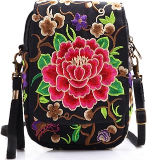 Ethnic Style Women Embroidered Purse Canvas Cellphone Pouch Mini Crossbody Shoulder Bag Wallet, Women Embroidered Purse Cellphone Wallet Crossbody Bag Mini Shoulder Bag(Red)