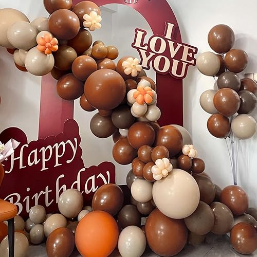 Miniatura 7 de JOYYPOP Juego de 130 guirnaldas de globos marrones de diferentes tamaños, 5, 10, 12, 18 pulgadas, globos marrones para baby shower, Acción de