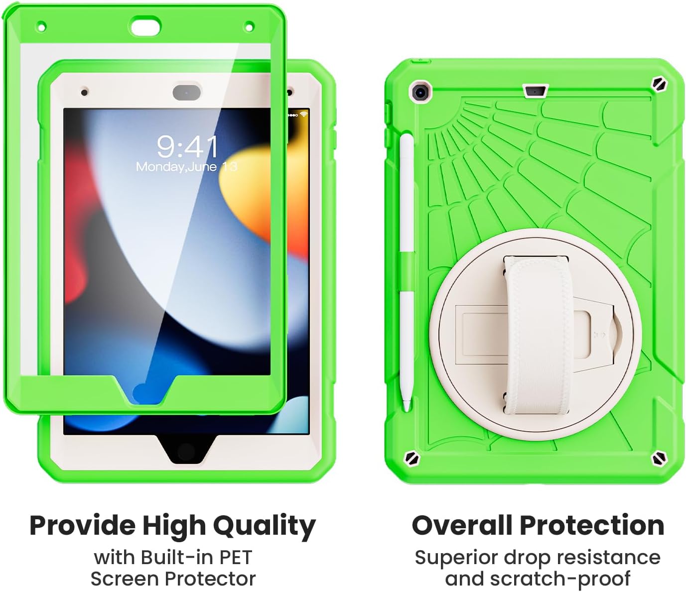 for iPad 9th Generation 2021/ iPad 8th Generation 2020/ iPad 7th Generation 2019 Case, with Screen Protector, Pencil Holder [360° Rotating Hand Strap] & Stand, for iPad 10.2 inch (Green)