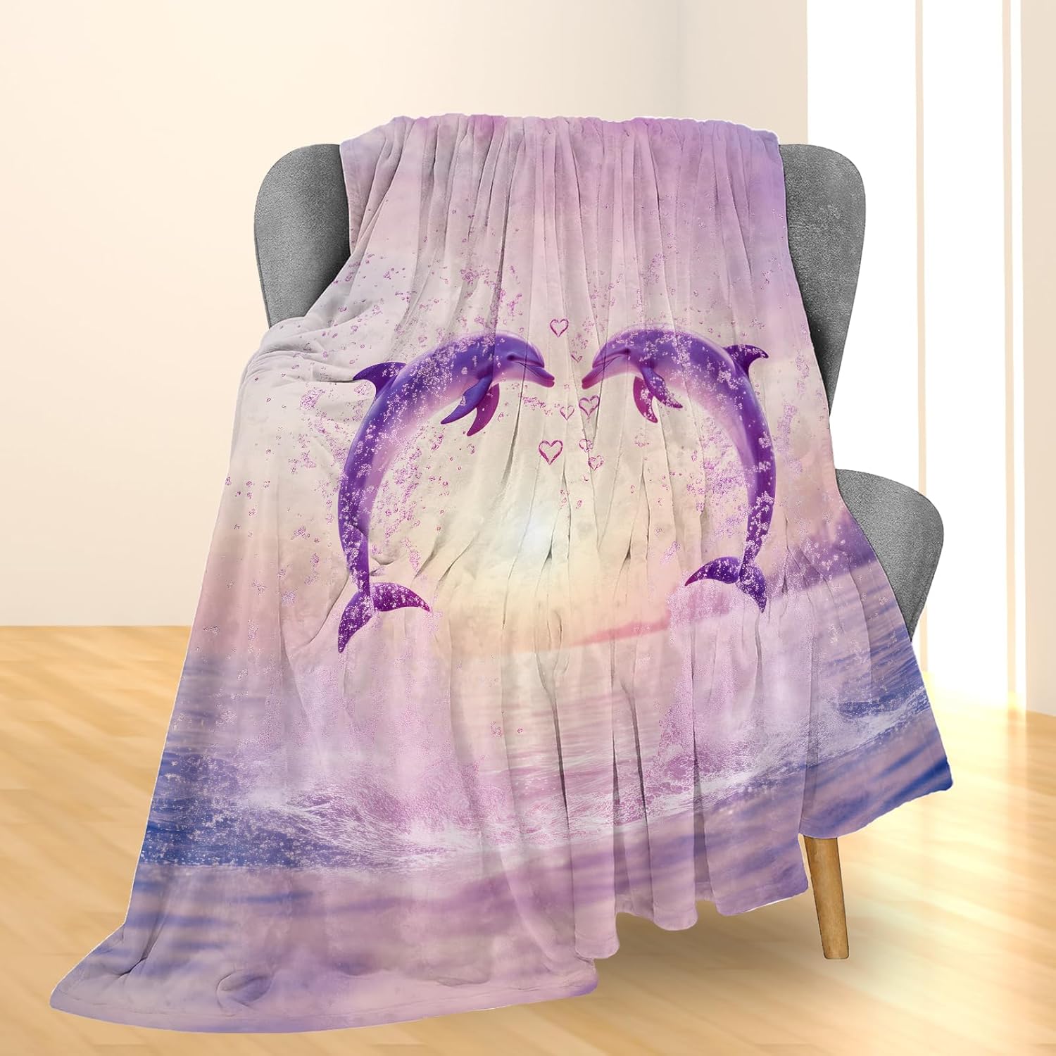 Jumping Dolphin Blanket, Soft Warm Heart-Shaped Design Flannel Throw Blanket for Couch, Bed, Travel & Home Decor, Lightweight Cozy Fuzzy Blankets for Adults Kids Women Men 60×50 in