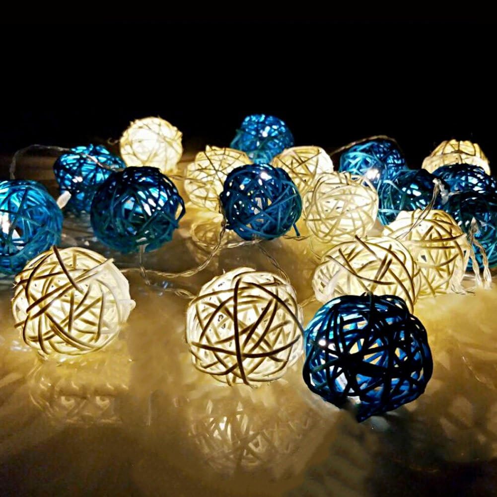 SRHOME 40 Led 13 Feet Globe Rattan Ball String Lights,Battery Powered Switch Fairy Light Indoor Outdoor Decorative Curtain Light for Patio,Garden,Bedroom,Dorm,Wedding,Halloween Christmas (blue)