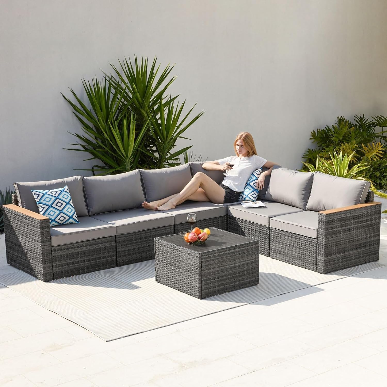 Patio Furniture Set 7 Piece Wicker Outdoor Furniture, Patio Sectional Sofa Conversation Set