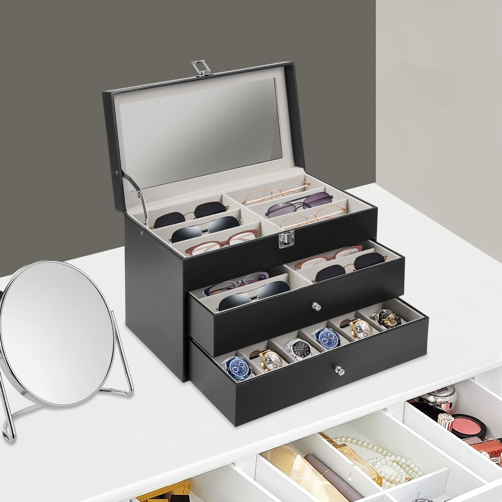 Caja de almacenamiento para gafas de sol, estuche con cerradura, gafas de sol con tapa de cristal, para guardar 12 relojes y 12 gafas de sol
