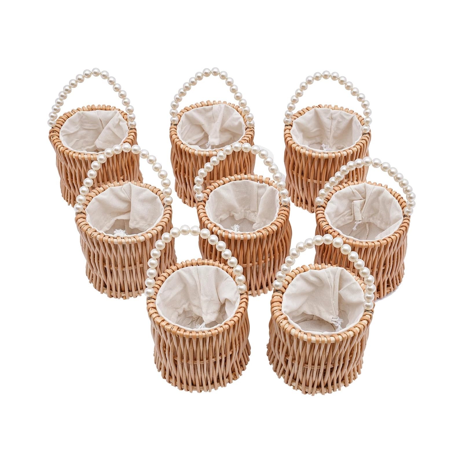 Hamper Basket 8pcs Wood Color Pearl Wicker Rattan Flower Basket Wicker Container With Handle Wicker Wedding Flower Girl Baskets