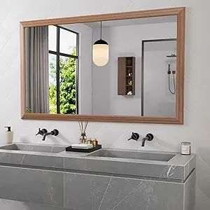 Amorho Bathroom Mirror, 60 X36 Inch Wall Mirror, Walnut Wood Grain Metal Framed, Anti-Rust, Hang Horizontally/Vertically, Suitable for Bedroom, Farmhouse, Bathroom, Decorative