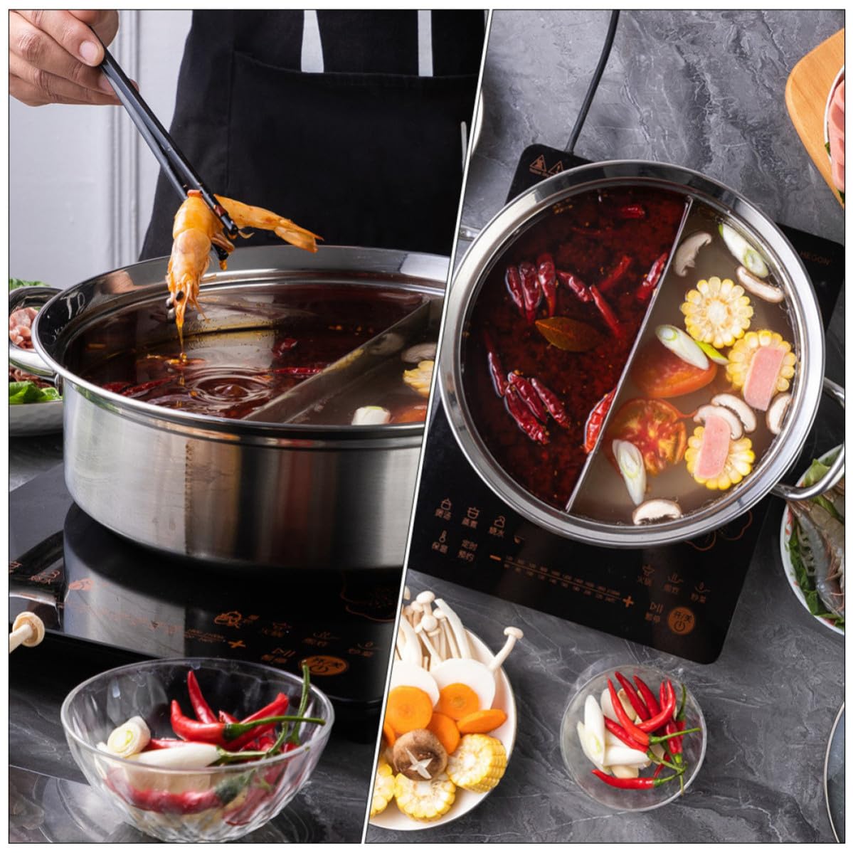 Pentola per Shabu in Acciaio Inossidabile 304 Design a Griglia e Manico Termoisolante, Adatta per Cucina Domestica e Piani Cottura a Induzione