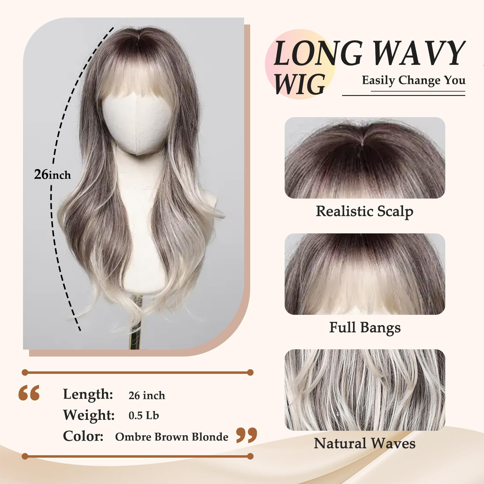 Testar Long Wavy Silver Grey Wig With Bangs - Heat Resistant Synthetic Fiber Wig for Daily Party Cosplay - 26IN (Brown Grey Ombre) - Image 2