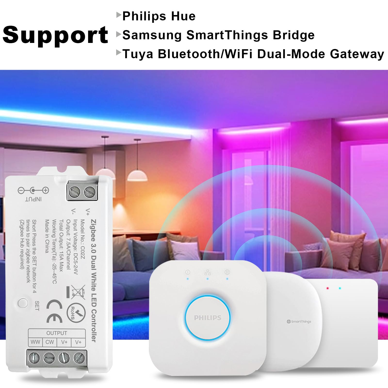 ZigBee 3.0 Controlador LED C02Z CCT Dual White LED Tira Regulador Compatible con Echo Plus Home Kit ZigBee Hub Bridge Requiere 5 – 24 V CC para tiras LED