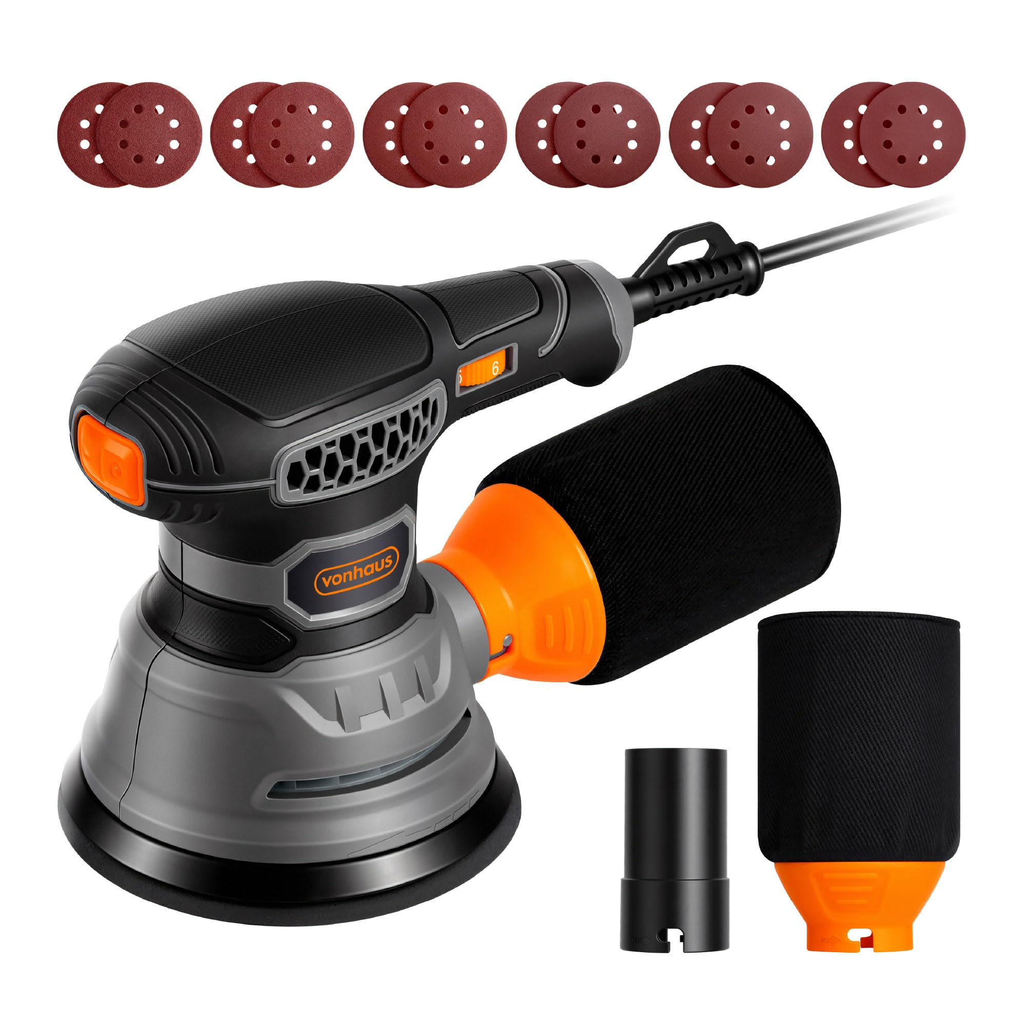 VonHaus Random Orbit Sander - 125mm Disc Diameter - 6 Speed Settings - Dust Extraction System - Grey