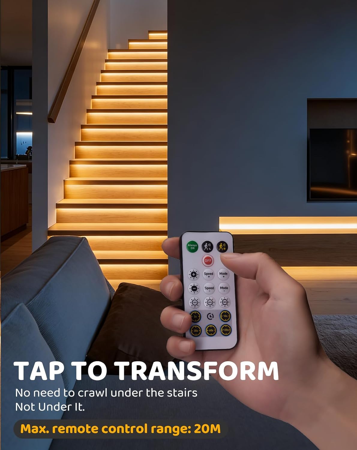 Motion Sensor Light, 20-Step LED Stair Light, 12V 6W 3000K Warm White Indoor Step Light, Stair Lighting with Radar Motion & Daylight Sensors, Remote Control, 1" Cuttable, Plug&Play, UL Listed