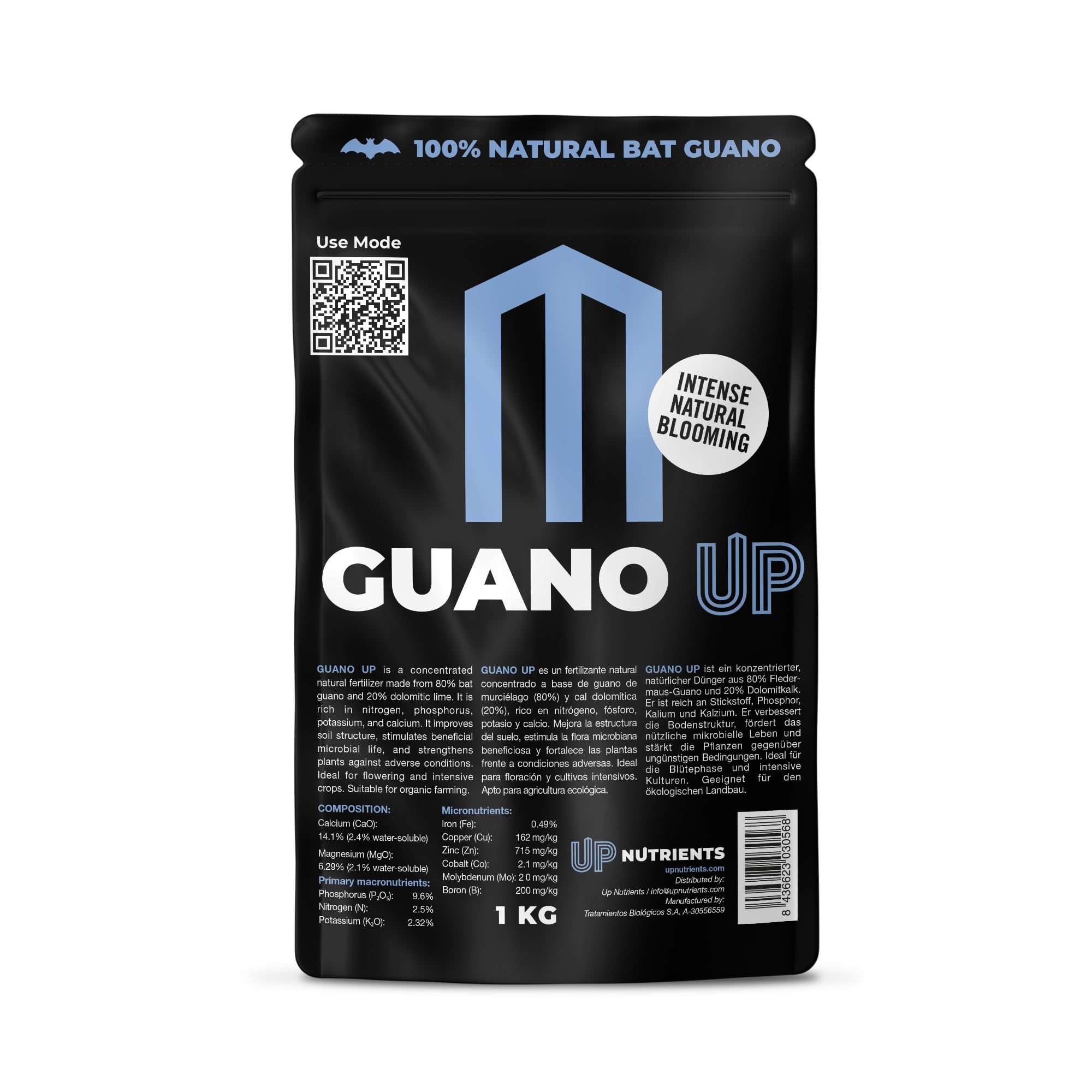 UP NUTRIENTS Fertilizante GUANO UP de Murcielago 100% Natural 1 Kg | Abono Natural con Cal Dolomita | Plantas y Cultivos | Agricultura Ecologica Floracion Intensa, Mejora Sustrato y Crecimiento
