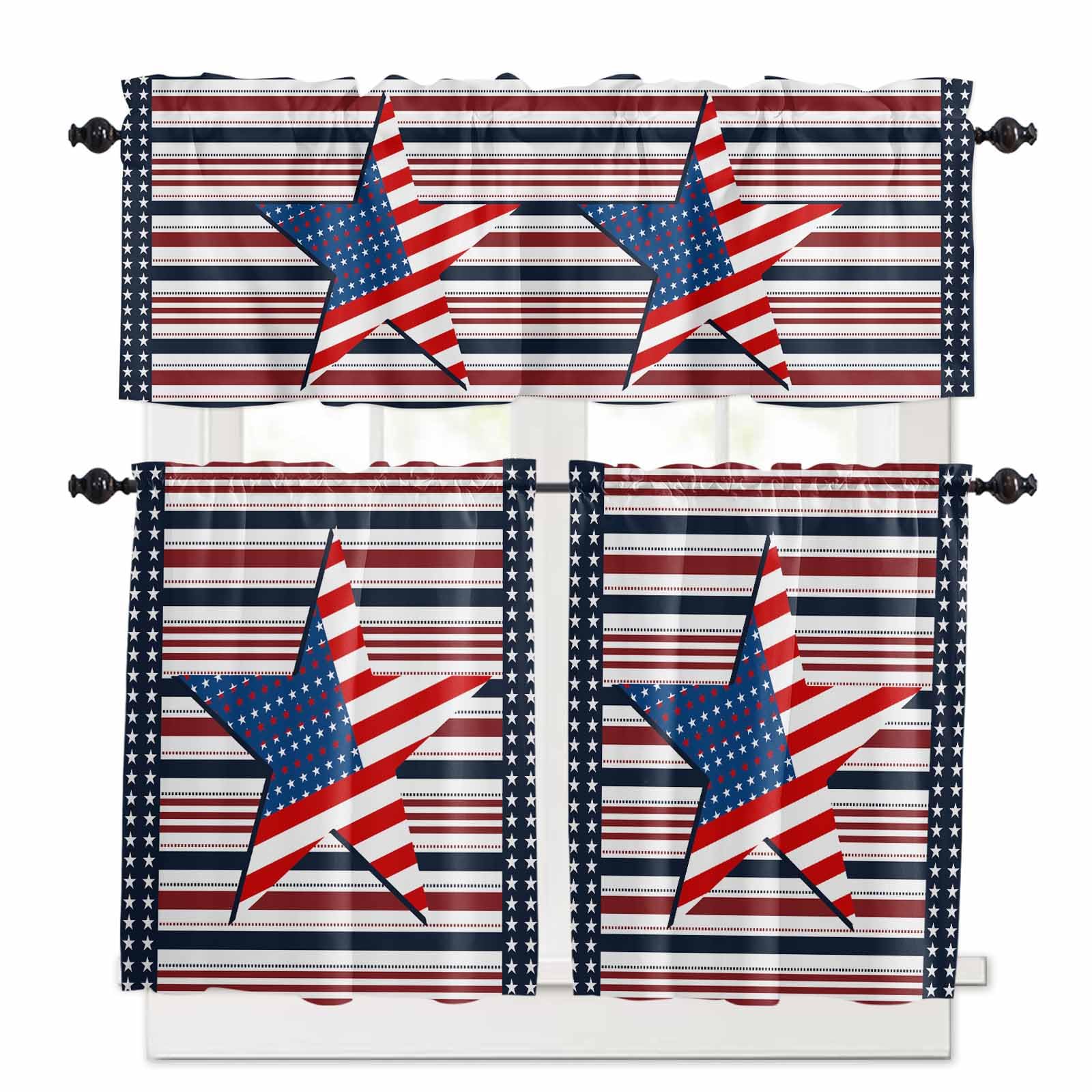 4th of July Kitchen Curtains 36 Inch Length,3 Piece Rod Pocket Small Half Tiers and Valance Set,Independence Day American Flag Star Striped Small Large Window Treatment Decor for Bedroom/Bathroom