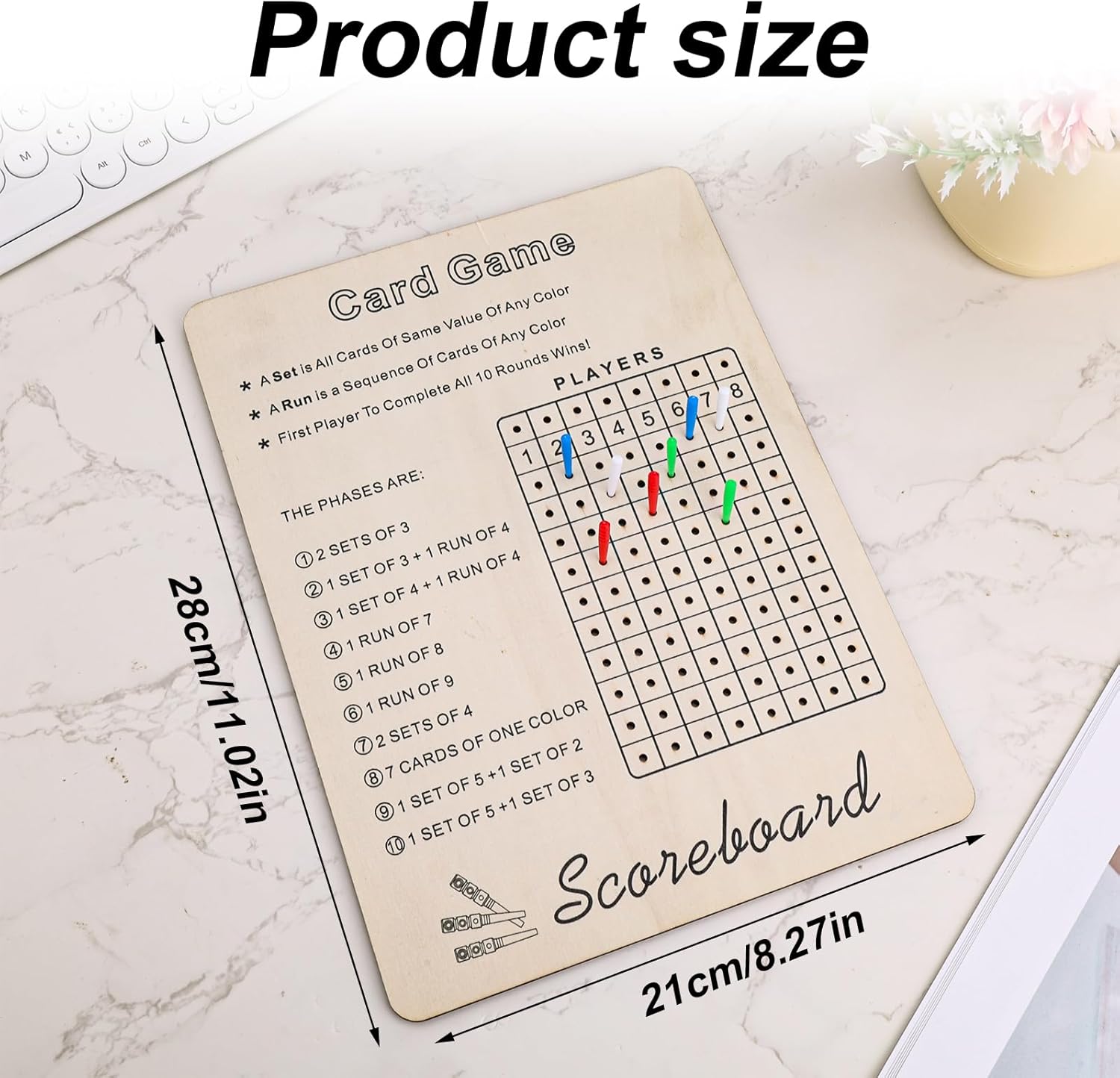 Card Game Scoreboard, Reusable Wooden Dice Game Score Sheets with 8 Colored Plastic Pegs Durable Round Tracker for Family Camping Travelling Party