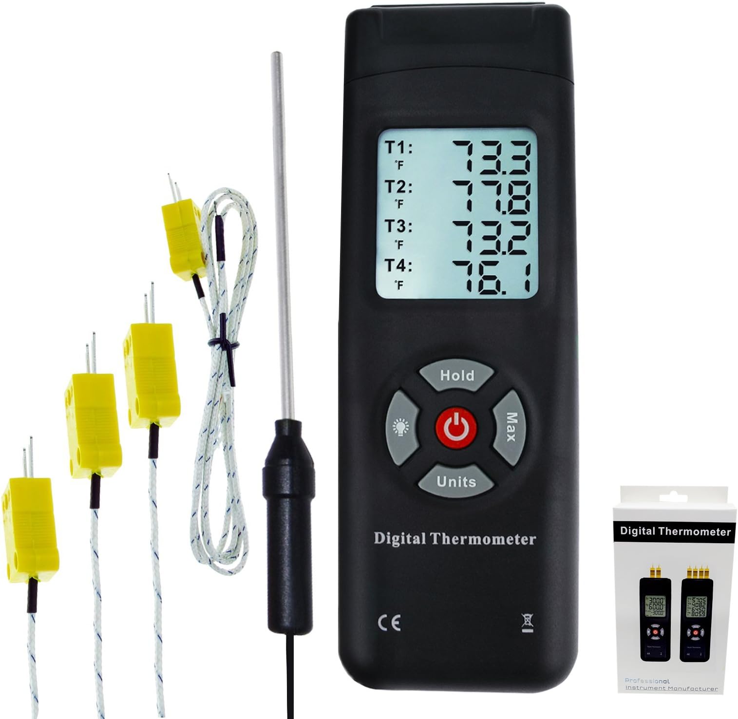 Thermometer 4 Channels K-Type Thermocouple sensor tester with K-Type Metal & Bead Probe Backlight Temperature Instrument -50~1350°C (-58~2462°F) Max/Min/Avg reading Data Log Storage Recording Function