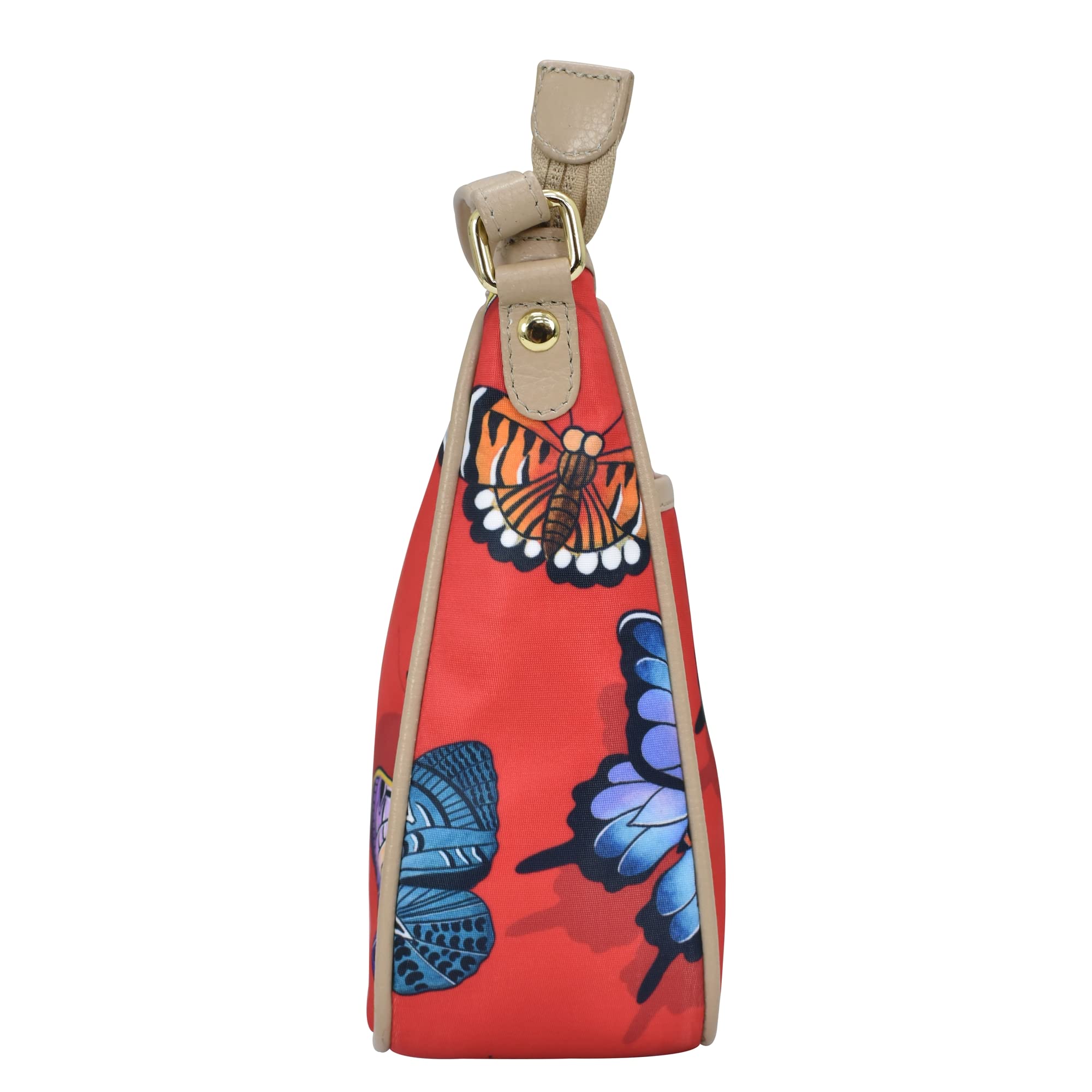 Anuschka East/West Hobo - Wanderlust Collection - Nylon Fabric with Genuine Leather Trim and Artwork Print - Butterfly Heaven Ruby 4