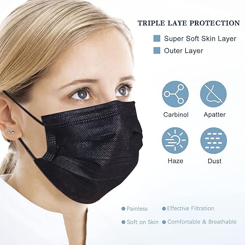 Miniatura 5 de 100 máscaras faciales desechables negras con lazo elástico para las orejas, transpirabilidad y comodidad