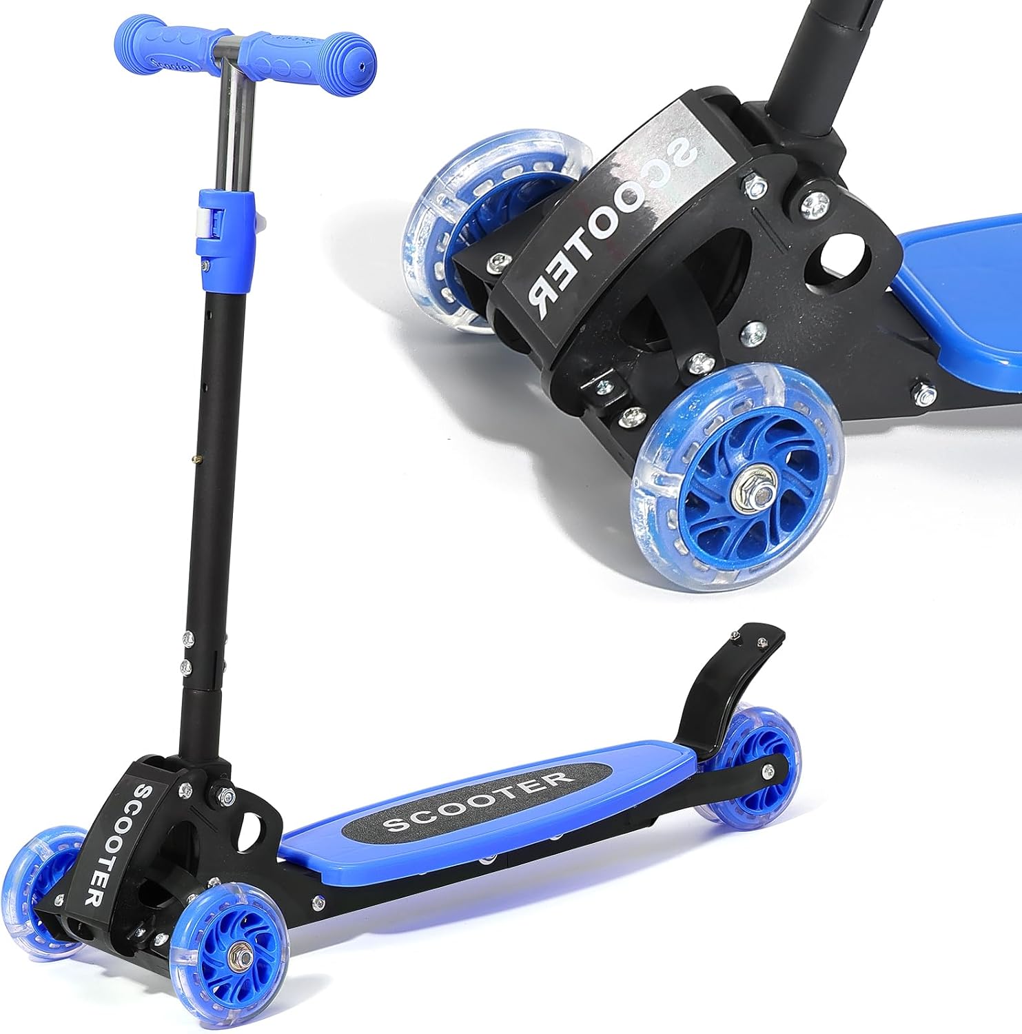 HOSKO 3-Wheel Kids Kick Scooter with LED Lights, Adjustable Height Ages 2-7, Foldable Safe Ride
