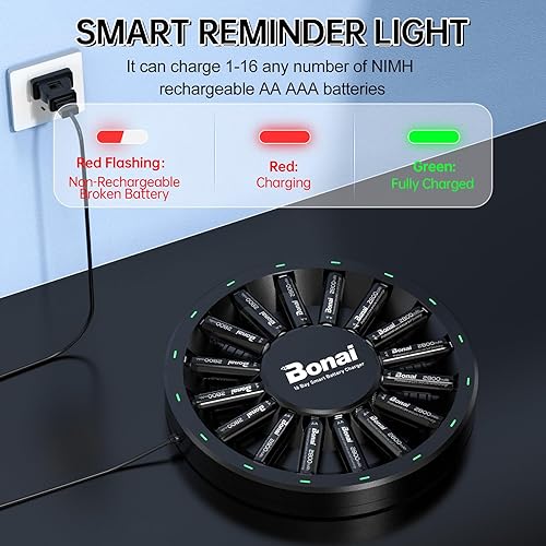 Miniatura 13 de BONAI Paquete de 8 pilas AA recargables y pilas AAA recargables con kit de cargador de 16 ranuras, carga rápida y detección inteligente
