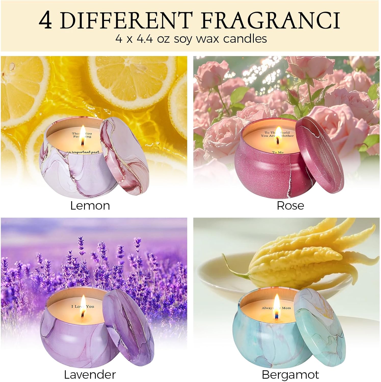 Scented Candles for Mom - Mothers Day Candles Gift Set for Mom with Sayings, 4 Pack Aromatherapy Candles with Four Scents for Birthday Christmas, Hidden Message Candle 120H Long Lasting Burn 17.6 Oz