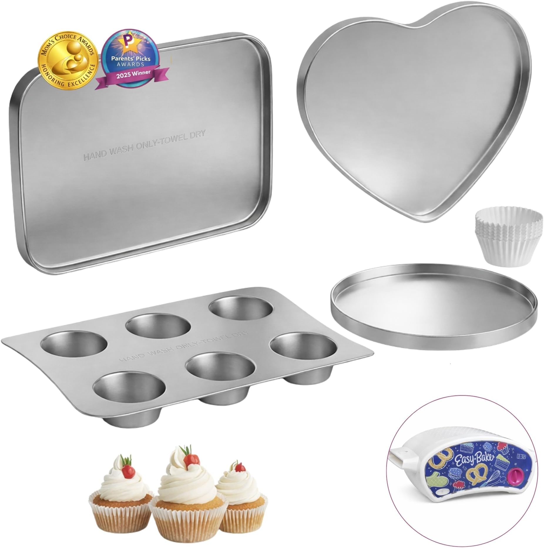 Doll Buddies Kidsโ Complete Oven Pan Set for Easy Bake Ultimate Oven | 75 Cupcake Liners (15 More Than Others) | Cupcake, Circle, Heart & Rectangular Bake Pans | Gift Accessories for Easy Bake Mixes