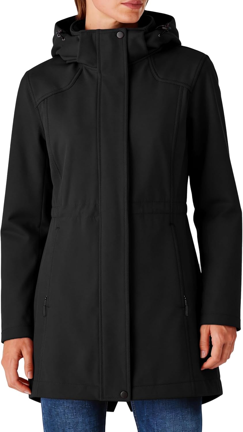 wantdo Women's Softshell Rain Jacket Lightweight Waterproof, Fleece Lined Windbreaker Jacket,Hooded Warm Long Coat