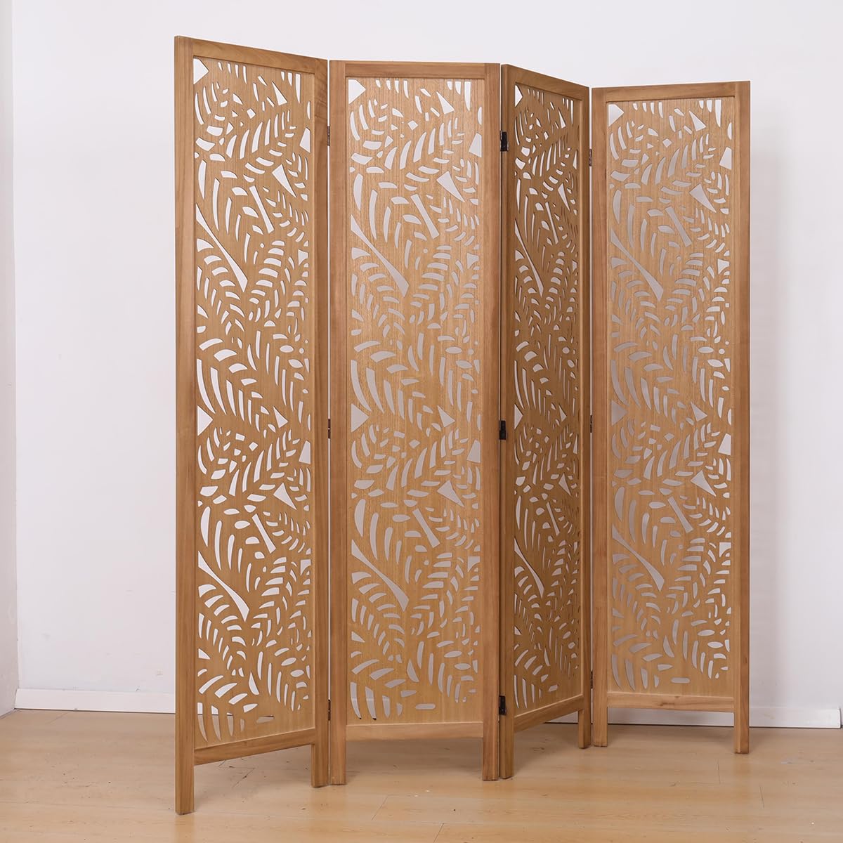 PEGANE Paravent ajouré, séparateur de pièce en Bois avec Motifs Feuille, 4 pans Coloris Brun Clair - Hauteur 170 x Longueur 160 cm