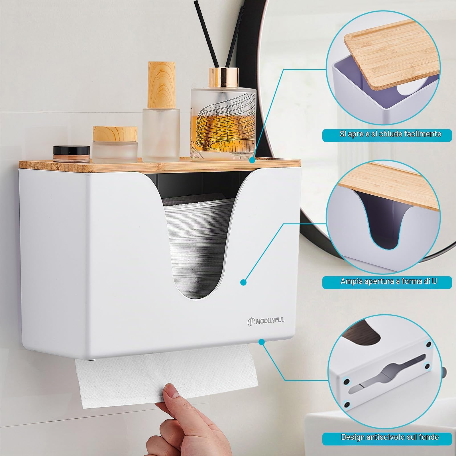modunful Dispenser Carta Asciugamani con Coperchio in Legno, Dispenser Salviette Bagno Commerciale a Parete e Tavolo, Senza Fori, per Tovaglioli Piegati, es. H2, Bianco