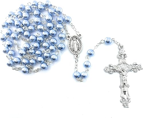 Miniatura 4 de Rosario milagroso medalla con perlas de imitación azules milagrosas medalla rosario, bolsa de rosario de medalla milagrosa floral, tarjeta de