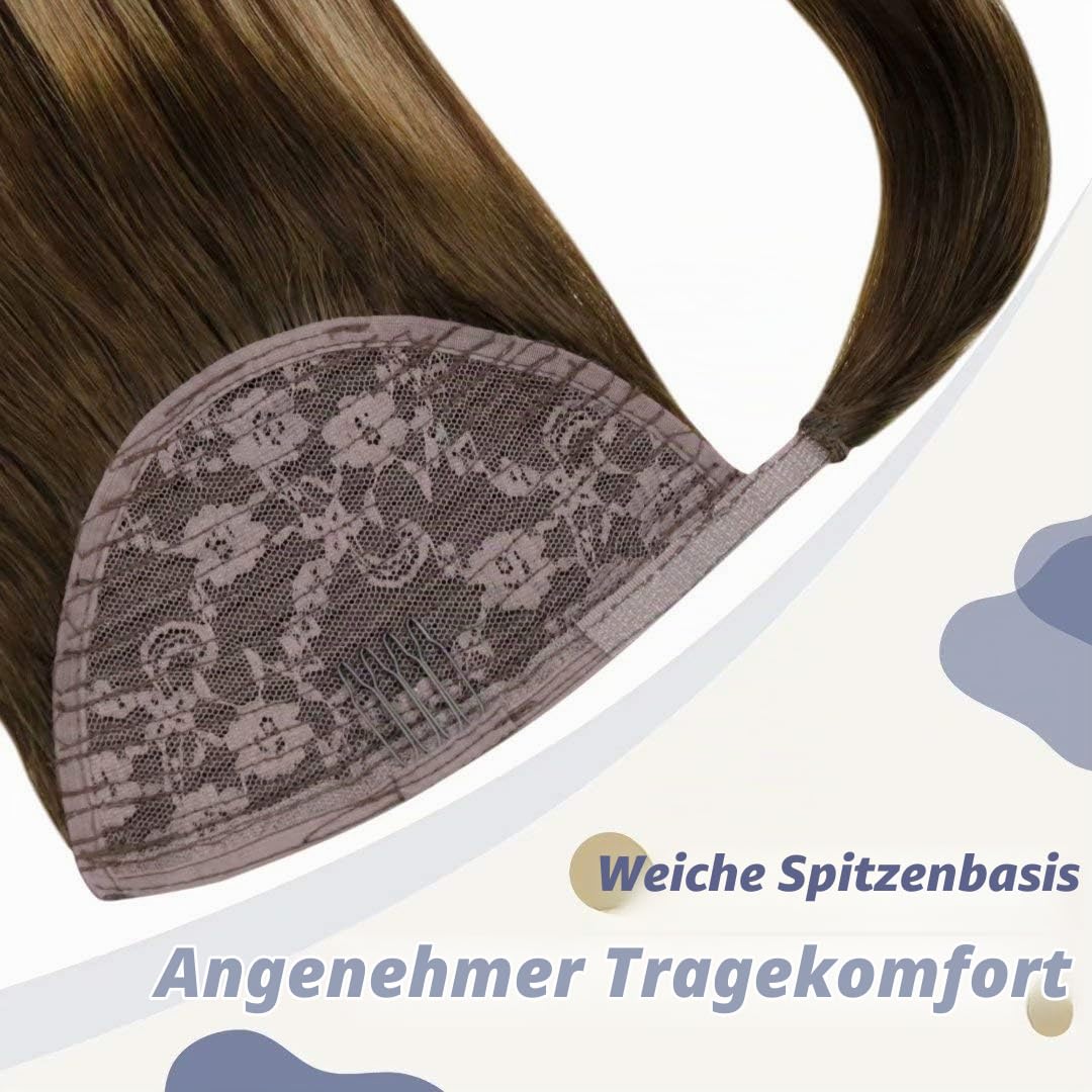 LaaVoo Ponytail Extension Echthaar Braun Balayage Echthaar Pferdeschwanz Extension Dunkelbraun Ombre Honigblond Clip in Zopf Echthaar Extensions Glatt #4/27/4 45cm 80g
