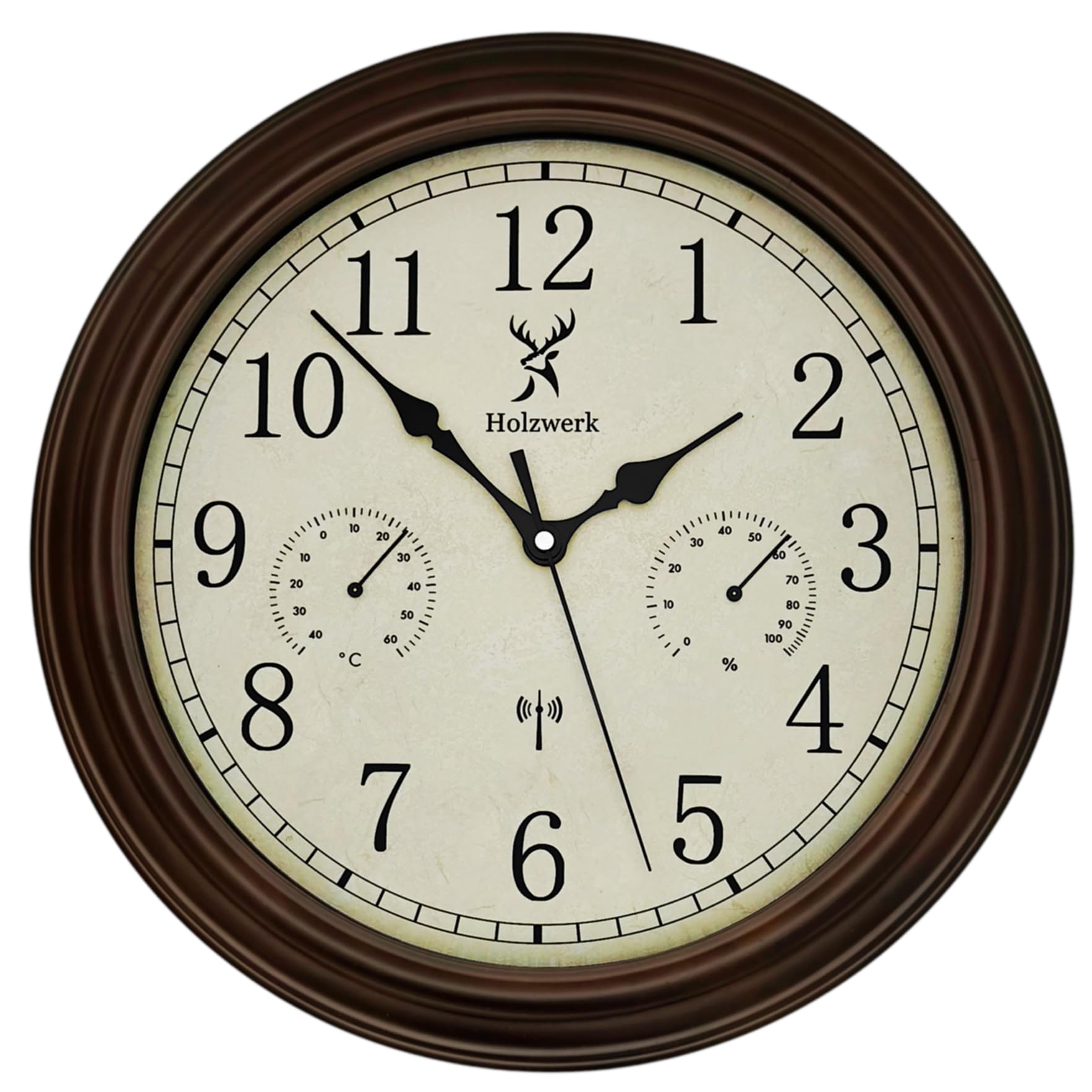 Holzwerk - Orologio da parete radio vintage retrò, con indicatore di temperatura e igrometro di umidità, termometro, orologio in legno, movimento silenzioso, marrone quasi silenzioso, in legno