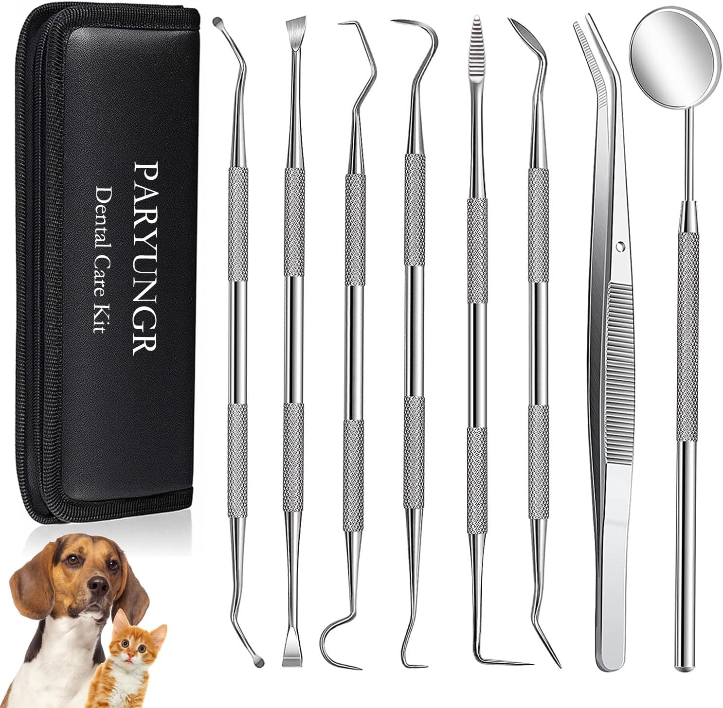 8 Pcs Dental Tools Pet Dog Teeth Cleaning Tool Kit, Stainless Steel Dental Picks Mouth Mirror Tooth Scraper Plaque Tartar Remover, Pets Oral Care Hygiene Set for Dogs and Cats Use with Case