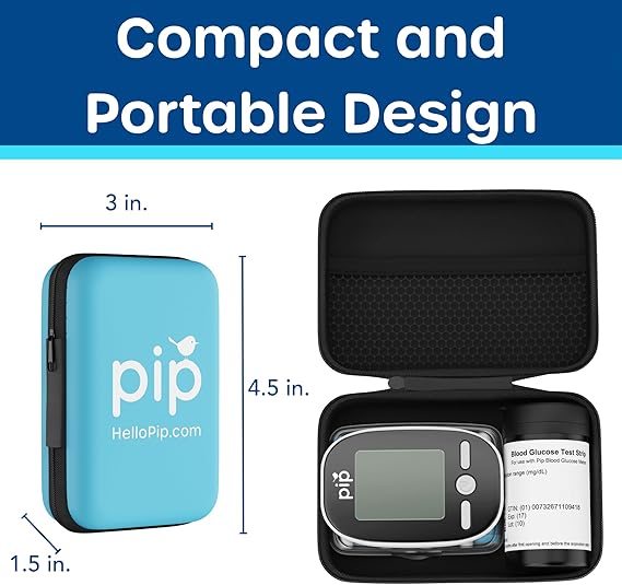 Pip Blood Glucose Monitor Kit with Preloaded Safety Lancets - Complete Diabetes Testing Kit for Blood Sugar Monitoring | No Lancing Device, Virtually Painless | 50 Test Strips, Lancets & Travel Case