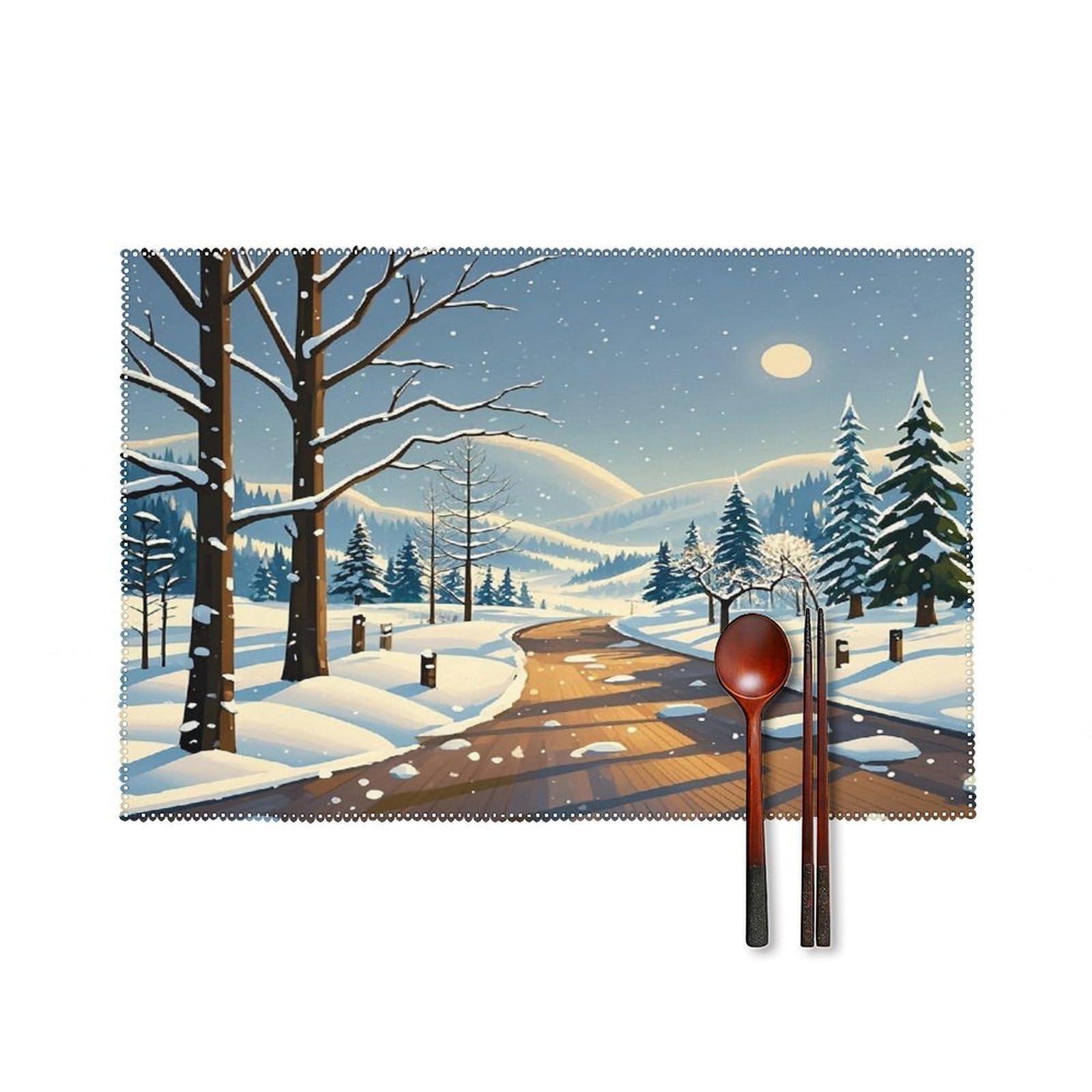 Winter Landscape Placemats Set of 6 Heat-Resistant Washable Place Mats Wipeable Kitchen Placemat Easy to Clean for Indoor Outdoor Party Kitchen Decoration