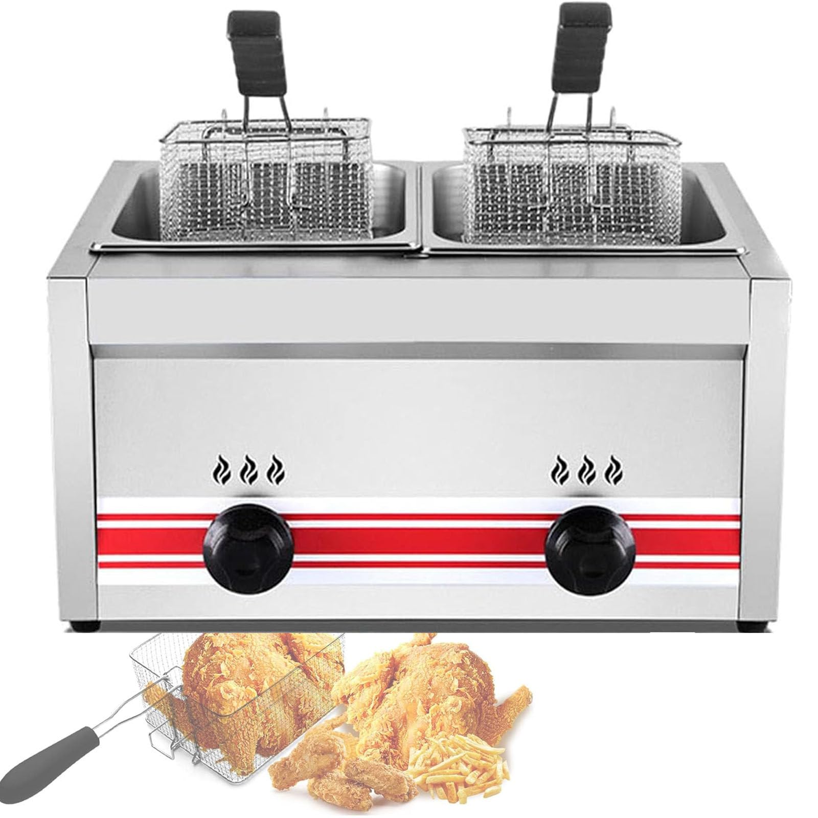 Freidora Comercial, Freidora EléCtrica de Encimera de 20 litros, Freidoras Grandes de Acero Inoxidable de Alta Resistencia con Cestas Dobles, Tapa y Patas Altas para Restaurante