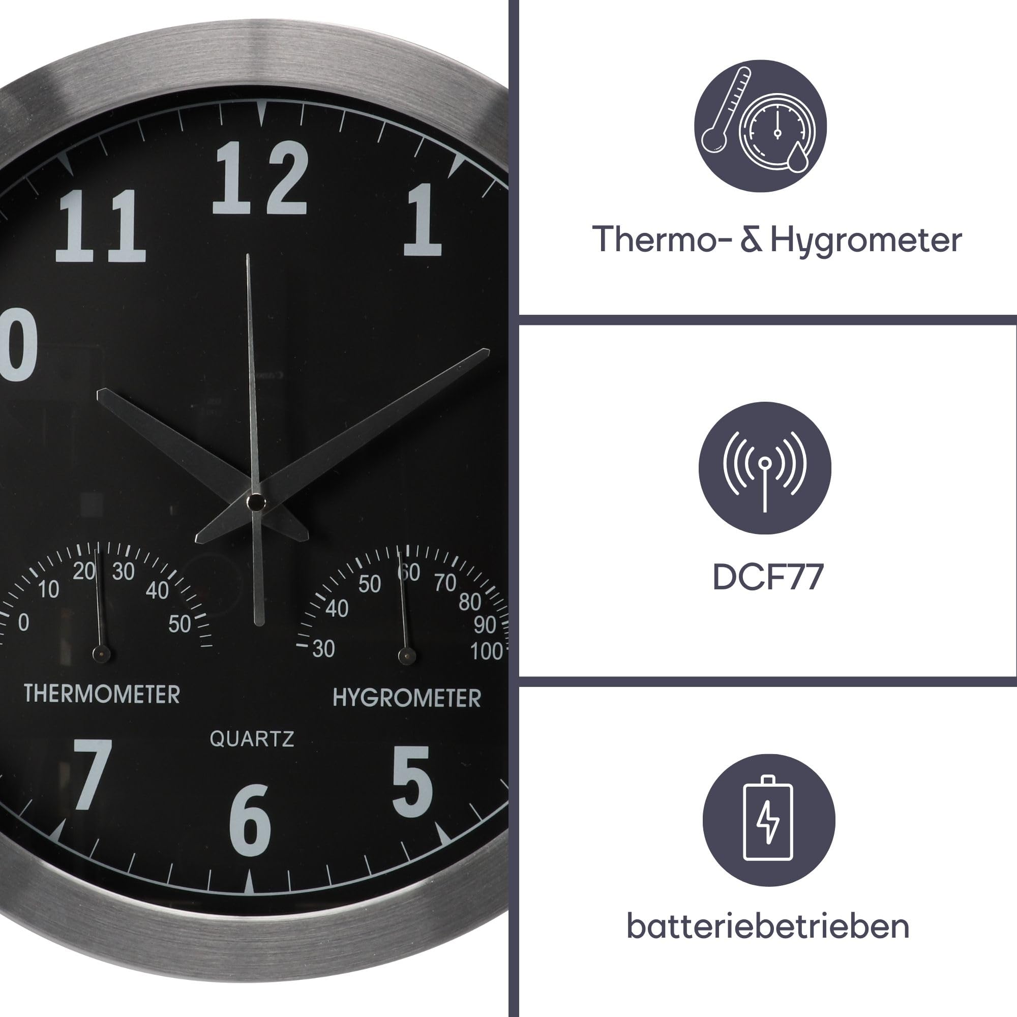 Perel Analoge Wanduhr 35,5 cm mit DCF-Zeitsynchronisation, Thermometer und Hygrometer, gut ablesbares Zifferblatt, silberner Aluminiumrahmen, Wohnzimmer Küche Büro Wartezimmer
