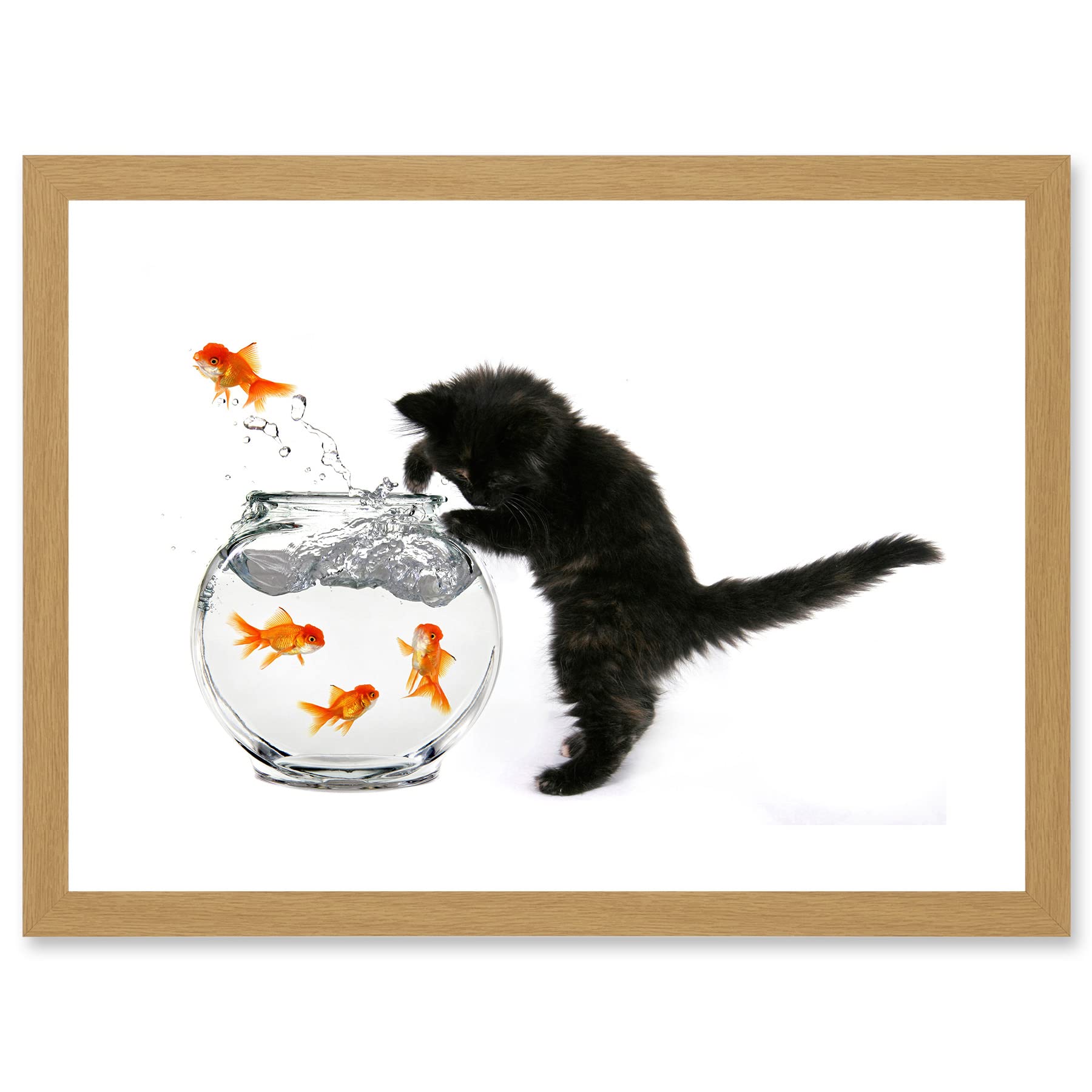 Artery8 Black Kitten Cat Goldfish Bowl A4 Artwork Framed Wall Art Print