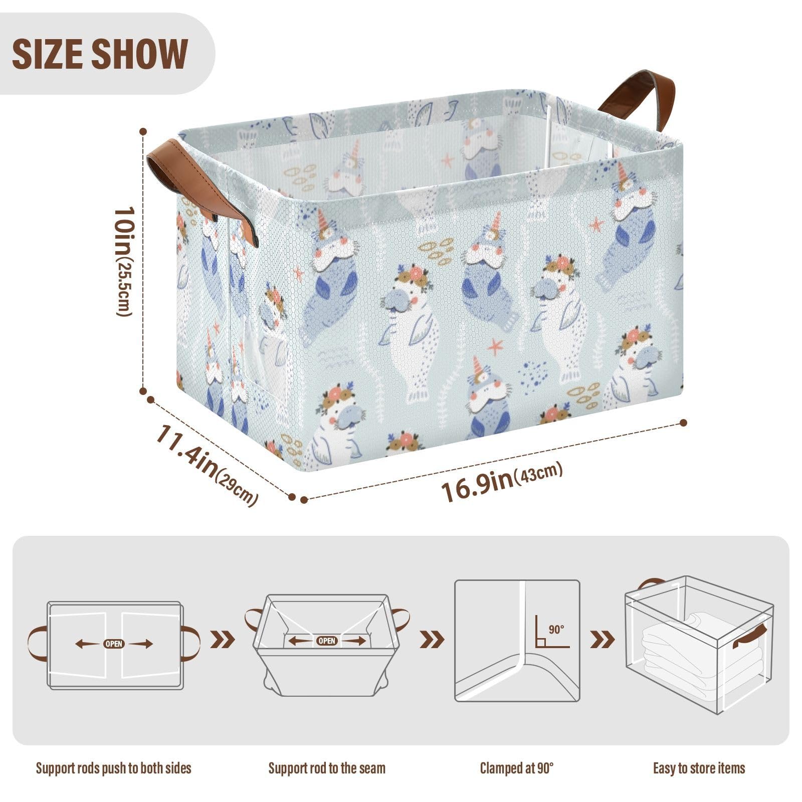 Blue White Manatees with Flowers Unicorn Horns 1PC Rectangle Foldable Frame Basket Leather Handles Storage Bin for Laundry Bathroom Organizer M 16.9 x 11.4 x 10 inch