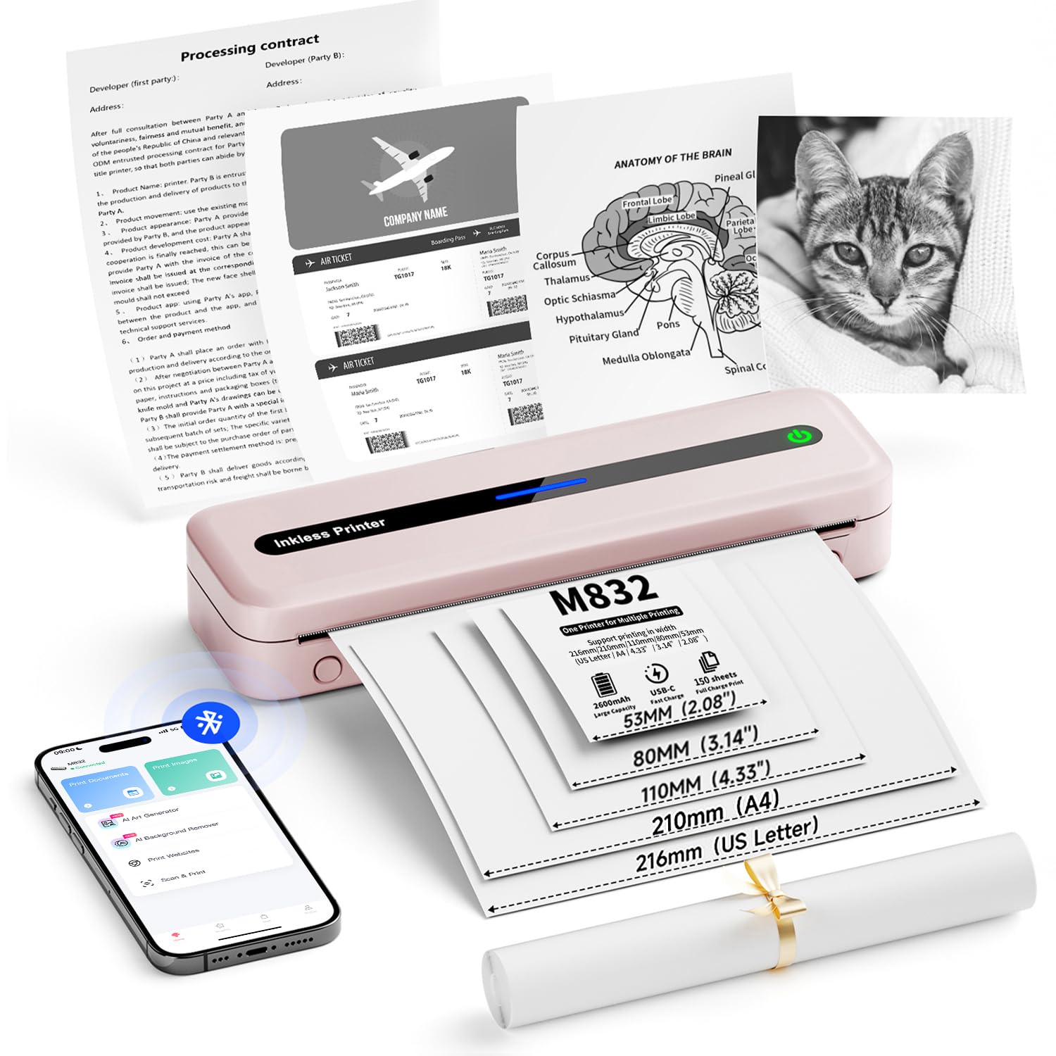 Itari Portable Printers Wireless for Travel - Bluetooth Mobile Thermal Printer, Upgrade Inkless Printer Support 8.5'' x 11''&A4 Roll Paper for Home,School,Office Compatible with Phone & Laptop