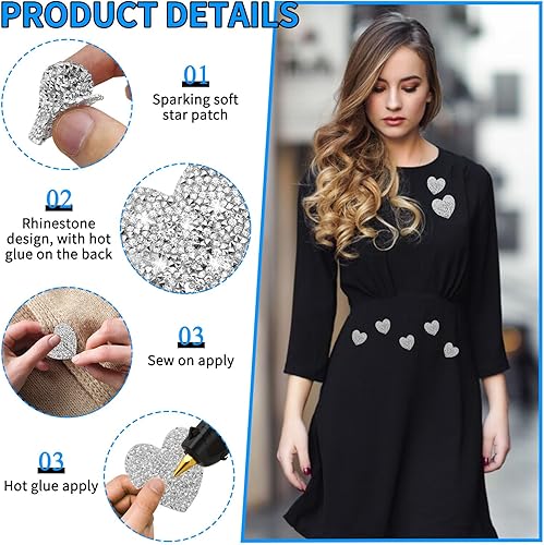Miniatura 3 de 26 parches para planchar en forma de corazón, parches de diamantes de imitación, apliques adhesivos plateados, pegamento caliente, corazones de