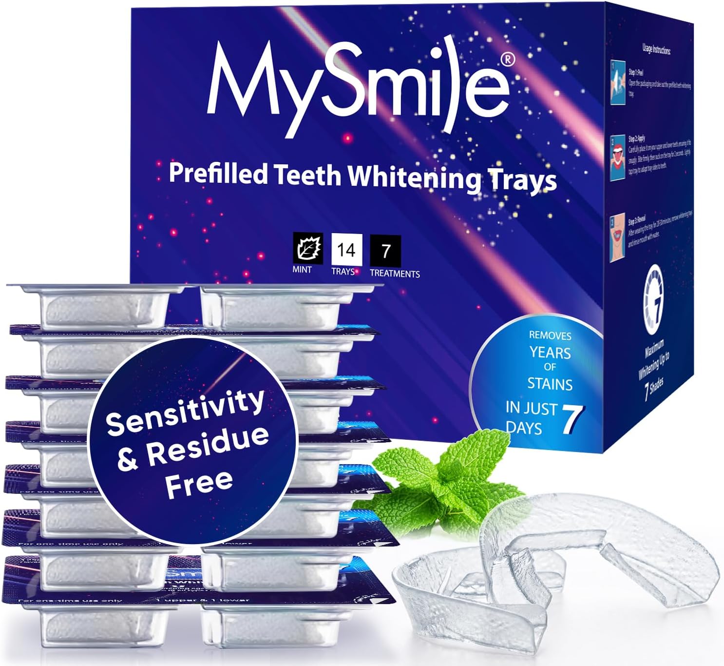 MySmile 7 Treatments Prefilled Teeth Whitening Trays Kit with 12% Hydrogen Peroxide Whiter Gel for Sensitive Tooth, Fast-Result Vegan Teeth Whitener U-Wraps Tooth Stain Remover, Mint Flavor