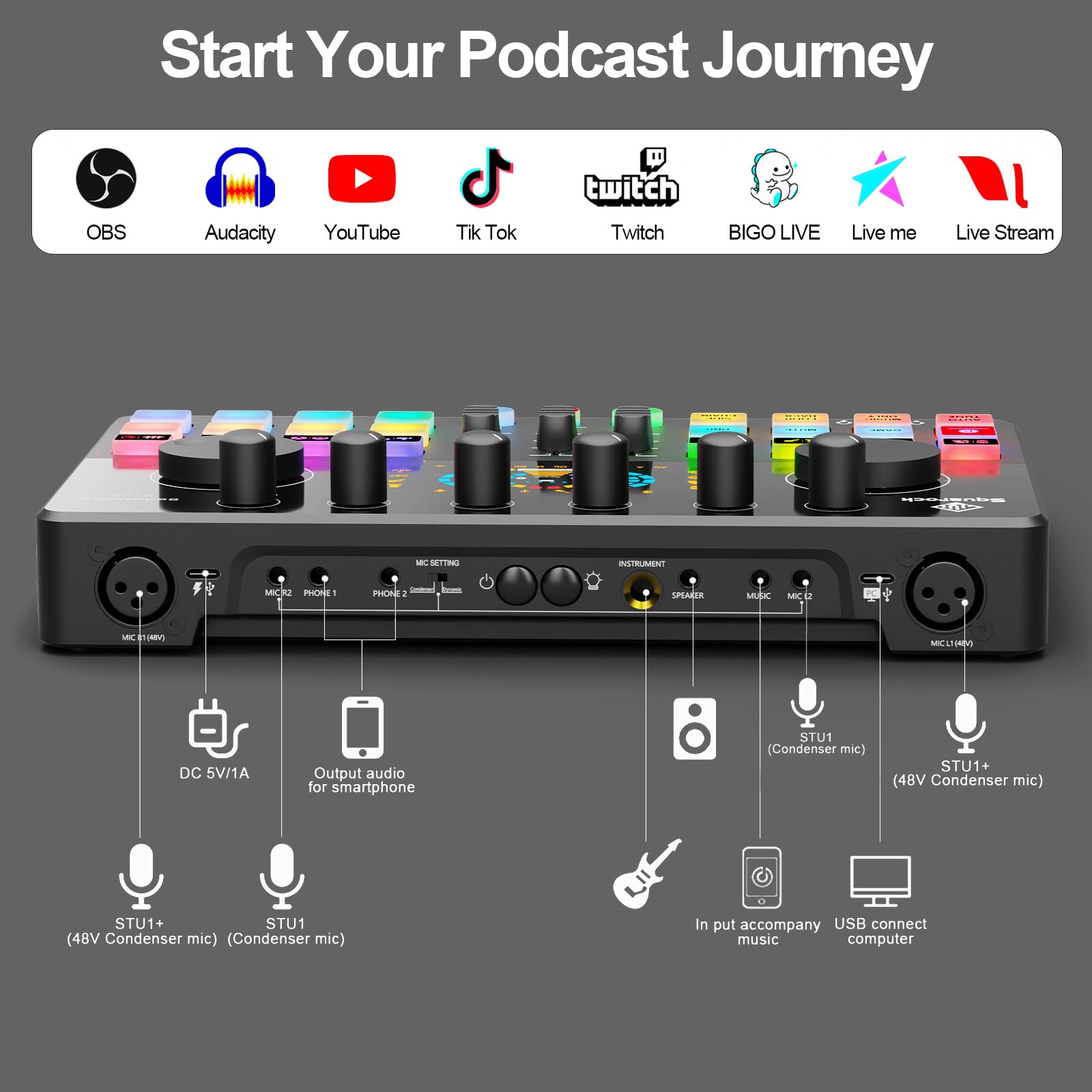 Paquete de equipos de podcast para 2 con micrófonos condensadores dobles XLR-3.5 con filtros pop de micrófono, equipo de audio para transmisión en vivo/grabación, juegos en línea para teléfono