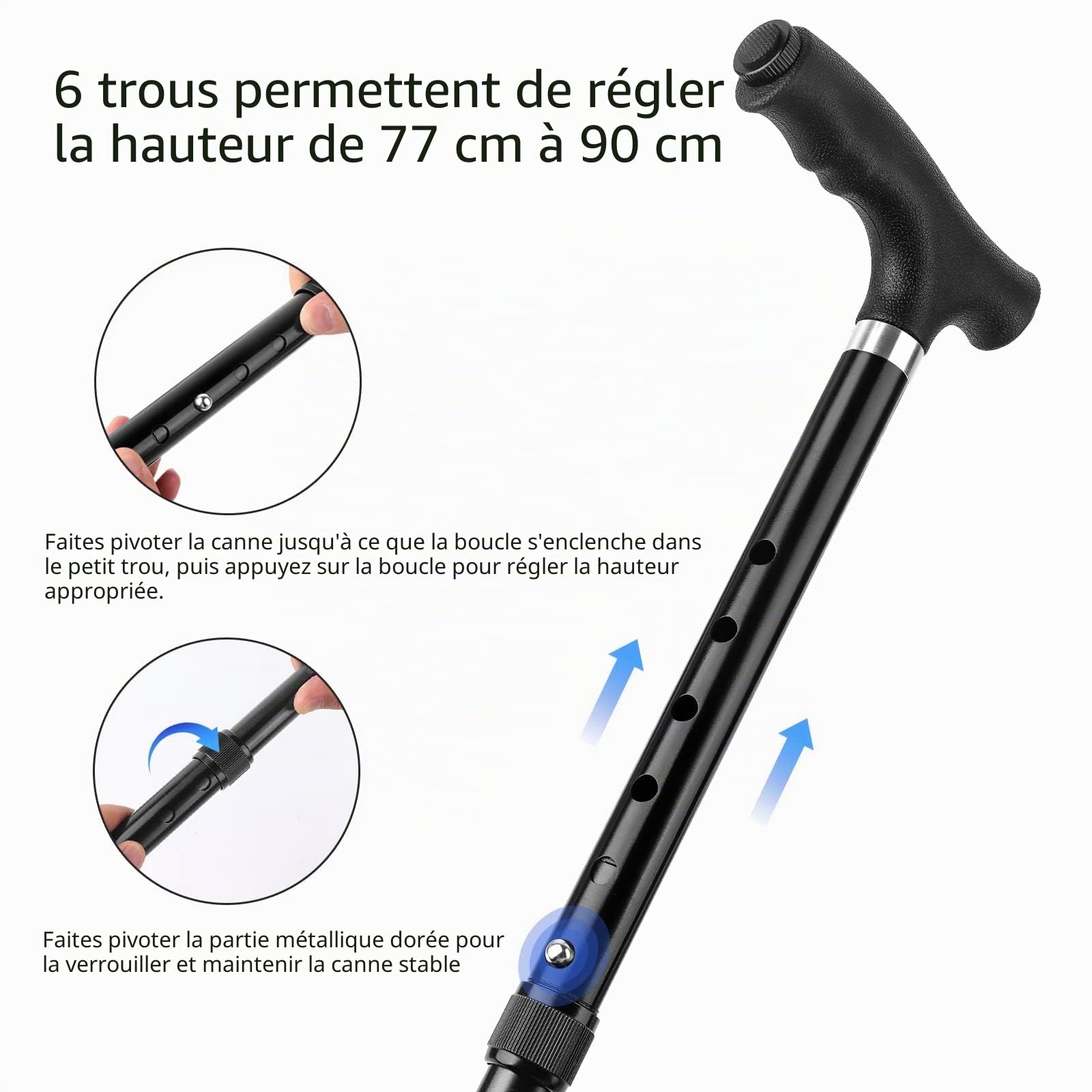 Canne de marche pliable avec lumière pour homme et femme - Canne de marche pliable avec base antidérapante - Hauteur réglable de 77 à 90 cm