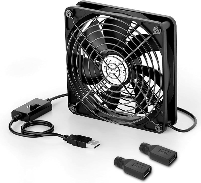 120mm USB Computer Fan, 5V PC Cooling Fan with 3 Adjustable Speeds | DC to USB Adapter, Metal Grill Fan for Laptop, PS5/PS4, TV Box, Router, AV Cabinet & Projector, Black