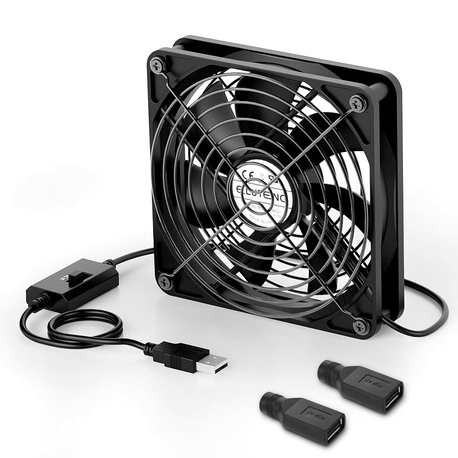 ELUTENG 120mm USB Computer Fan, 5V PC Cooling Fan with 3 Adjustable Speeds & DC to USB Adapter, Metal Grill Fan for Laptop, PS5/PS4, TV Box, Router, AV Cabinet & Projector, Black