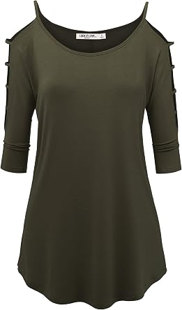 Lock and Love Womens Casual Loose Hollowed Out Shoulder Three Quarter Sleeve/Short Sleeve Semi-Loose Strappy Cold Shoulder Top